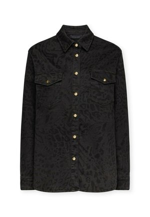 Camicia in denim nero con motivo leopardato, maniche lunghe, chiusura frontale a bottoni con bottoni color oro e due tasche sul petto.