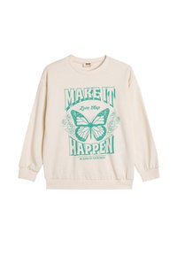 Sudadera crema con un gráfico de mariposa verde, "HAZ QUE SUCEDA" y acentos florales. Cuenta con mangas largas y puños y dobladillo acanalados.