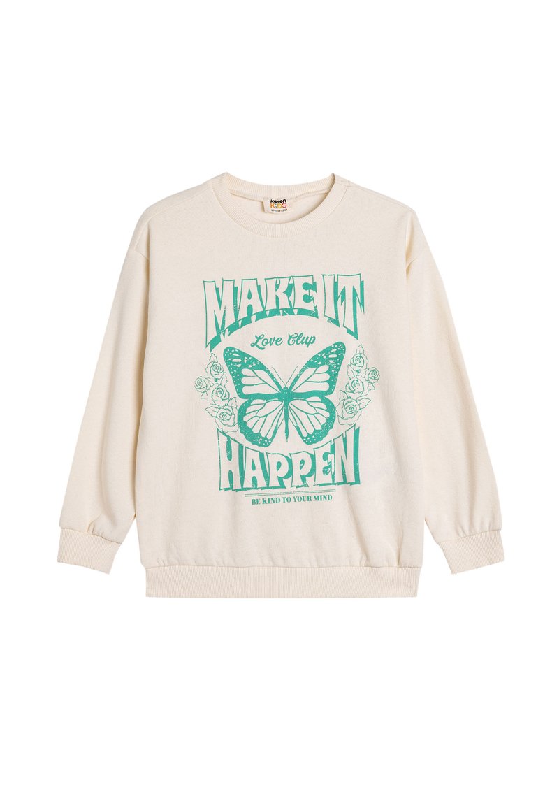 Sudadera crema con un gráfico de mariposa verde, "HAZ QUE SUCEDA" y acentos florales. Cuenta con mangas largas y puños y dobladillo acanalados.