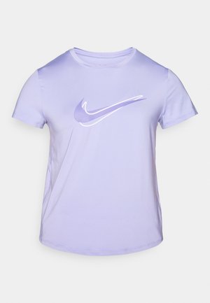 Lilac short-sleeved Nike T-shirt made of smooth fabric, featuring a white swoosh logo across the chest and a rounded neckline.