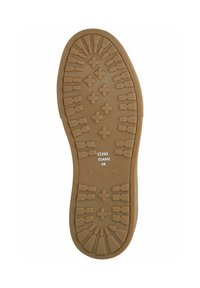 Suela de zapato de goma marrón con un patrón de textura en relieve que incluye formas cruzadas y lineales. Las marcas incluyen "BLACKSTONE" y la talla "38."