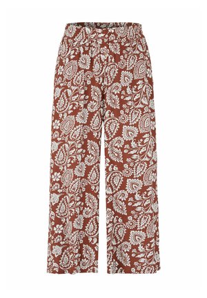 Brune bukser med vide ben med hvidt detaljeret blomster- og paisleymønster, med elastisk talje.