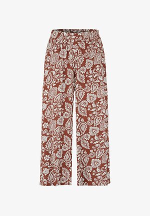 Brune bukser med vide ben med hvidt detaljeret blomster- og paisleymønster, med elastisk talje.