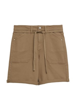 Short marron taille haute avec poches plaquées devant, passants pour ceinture, fermeture par bouton et ceinture en tissu assortie à nouer.