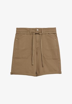 Brązowe szorty z wysokim stanem, z przednimi kieszeniami naszywanymi, szlufkami na pasek, zapięciem na guzik i dopasowanym paskiem z tkaniny do wiązania.