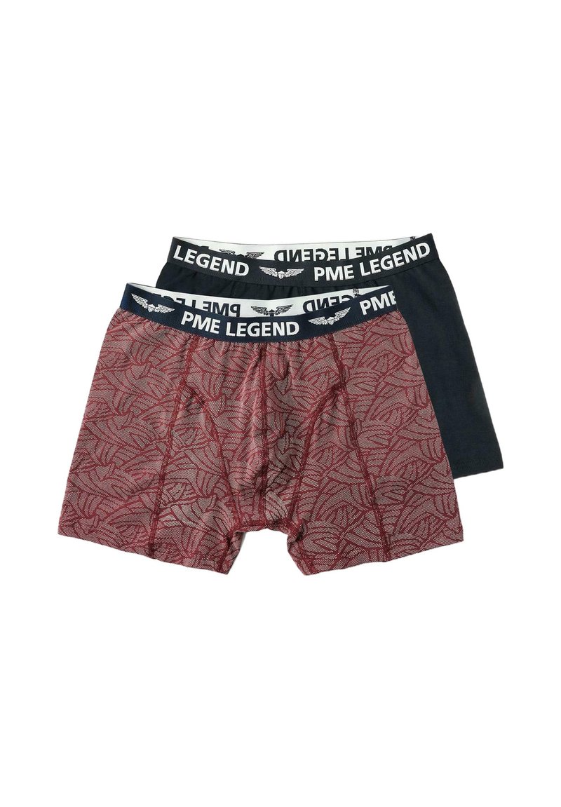 Set di boxer rossi con motivo a foglie e nero uniforme, caratterizzato da un elastico bianco in vita con il marchio "PME LEGEND". Materiale in cotone.