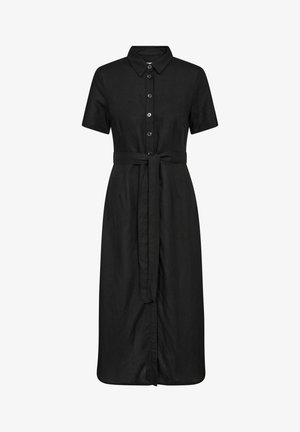 Juoda, trumpomis rankovėmis, sagstoma suknelė su apykakle ir surištu juosmeniu. Pagaminta iš glotnaus audinio, tiesaus silueto ir iki kelių ilgio.