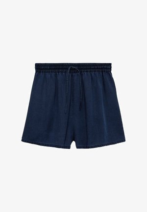 Marineblaue Shorts aus leichtem Stoff, mit einem elastischen Bund und einem Kordelzug sowie einer lockeren Passform. Der Saum ist leicht ausgefranst.