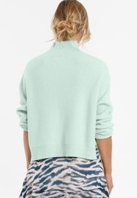 Helles mintgrünes, geripptes Pullover mit hohem Kragen und hochgekrempelten Ärmeln, kombiniert mit einem gemusterten Rock in Blau- und Beigetönen.