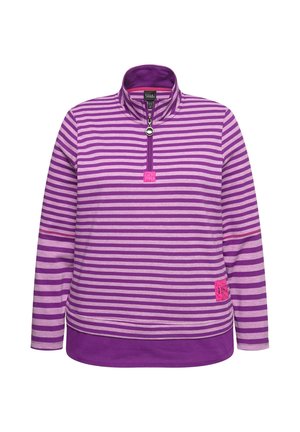 Fioletowy, pasiasty polar z wysokim kołnierzem, półzamkiem z przodu i różową łatą z logo. Posiada długie rękawy i fakturowany materiał.