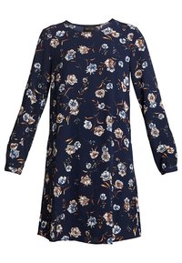 Abito blu navy con maniche lunghe, stampa floreale in bianco, blu e ruggine, scollatura rotonda, tessuto leggero, vestibilità rilassata e lunghezza fino al ginocchio.