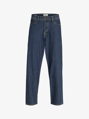 Jeans in denim blu scuro con vestibilità rilassata, gamba dritta, cinque tasche e cuciture a contrasto. Presentano una chiusura frontale con bottone e zip.