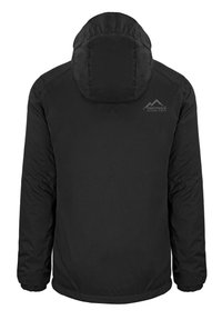 Schwarze gepolsterte Jacke mit Kapuze, ausgestattet mit elastischen Bündchen, einem leicht abgerundeten Saum und einem Logo auf dem oberen linken Rücken. Glatte Textur.