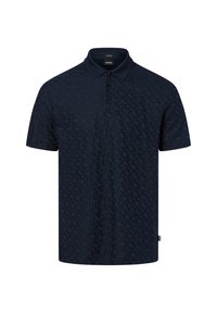 Marineblaues Poloshirt mit kurzen Ärmeln und subtil strukturiertem Muster, drei schwarzen Knöpfen und Kragen, mit BOSS-Label an der Seite und im Nacken.