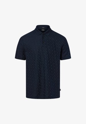 Navyblauwe polo met korte mouwen, voorzien van een subtiel textuurpatroon, drie zwarte knopen en een kraag, met BOSS-label aan de zijkant en binnenkant van de nek.