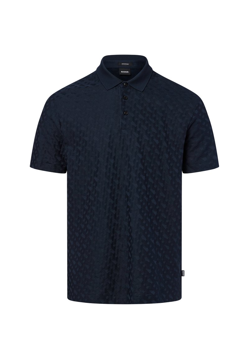 Marineblaues Poloshirt mit kurzen Ärmeln und subtil strukturiertem Muster, drei schwarzen Knöpfen und Kragen, mit BOSS-Label an der Seite und im Nacken.