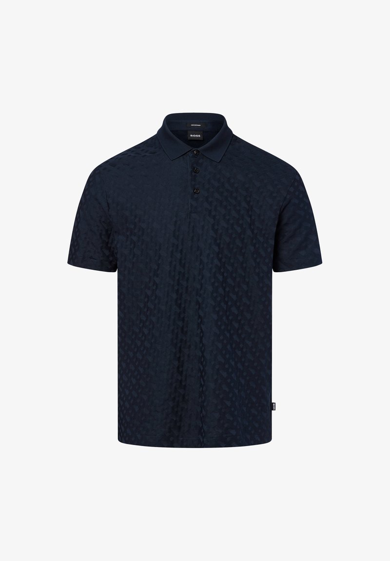 Marineblaues Poloshirt mit kurzen Ärmeln und subtil strukturiertem Muster, drei schwarzen Knöpfen und Kragen, mit BOSS-Label an der Seite und im Nacken.