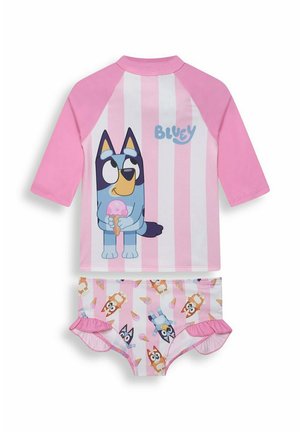 Children's two-piece swimwear with pink-striped top featuring cartoon dog holding ice cream and matching bottoms with dog and ice cream cone prints.