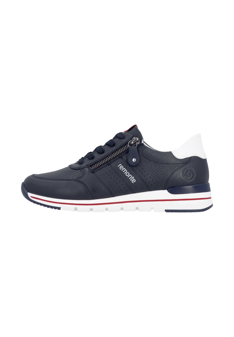 Navy blue leather sneaker with white heel, red stripe on sole, zipper detail, laces, and "remonte" branding on the side.