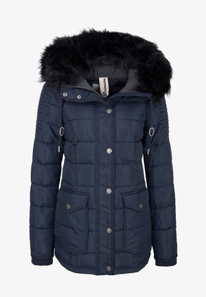 Giacca imbottita blu navy con cappuccio in pelliccia sintetica, trama trapuntata, dettagli argentati, zip centrale e due tasche frontali.