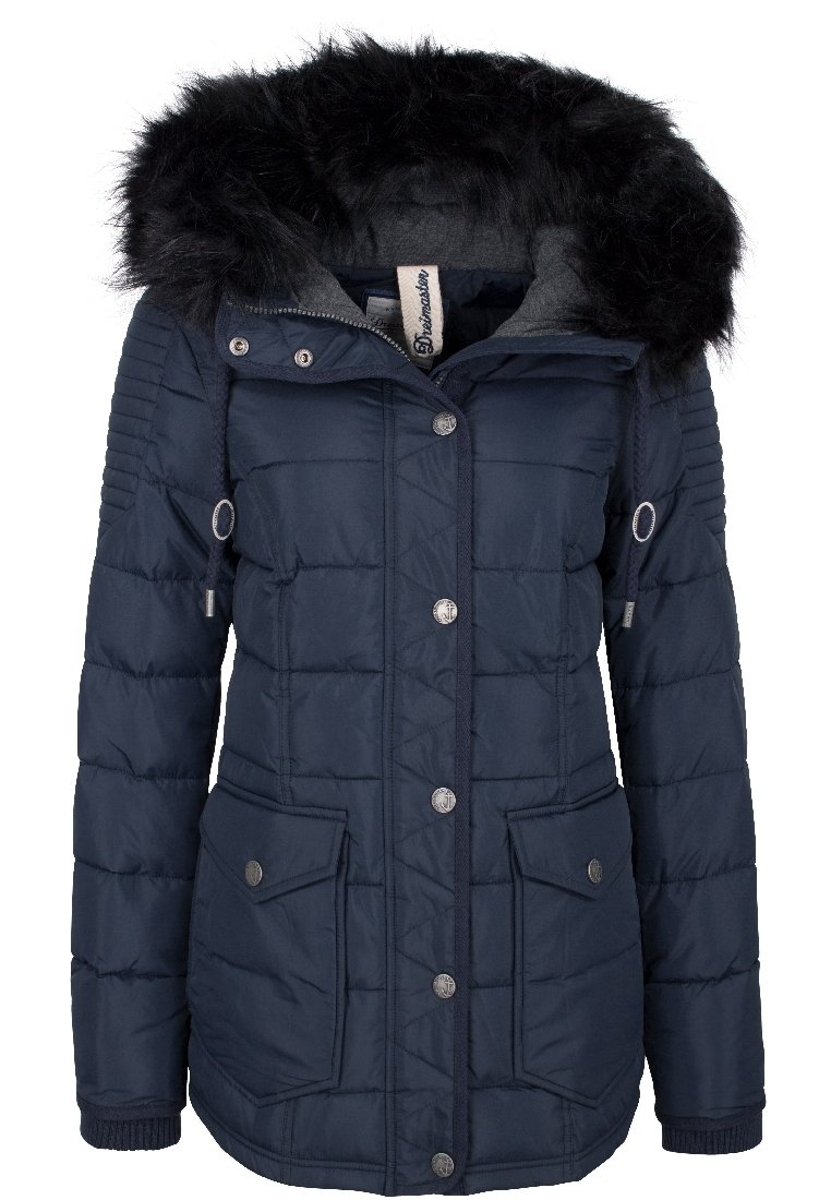 Námořnicky modrá prošívaná bunda s kapucí lemovanou umělým kožíškem, se stříbrnými kovovými doplňky, centrálním zipem a dvěma předními kapsami.