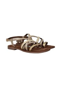 Vlakke sandalen met een mix van gestructureerde gouden en beige banden, een bruin faux leren voetbed en een verstelbare enkelband voor een goede pasvorm.