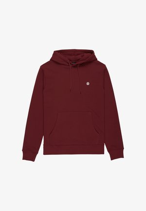 Bordeaux hættetrøje lavet af bomuldsblandet stof. Har en kængurulomme, snøre i hætten og et lille logo på brystet. Glat tekstur.