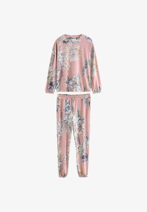 Un ensemble en tissu doux et décontracté comprenant un haut à manches longues floral rose et un pantalon à cordon assorti avec des poignets élastiques.