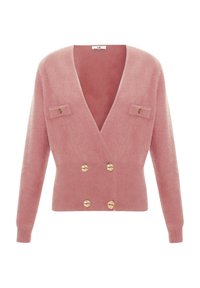 Cardigan rose avec un décolleté en V profond, texture douce, boutons dorés à double boutonnage et poches plaquées. Ourlet et poignets côtelés.