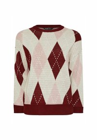 Neulepaita, jossa on timanttimainen kuvio vaaleassa, maroonissa ja vaaleanpunaisessa. Pyöreä kaula-aukko ja ribattu hihansuu. Kevyt ja tekstuuripintainen.