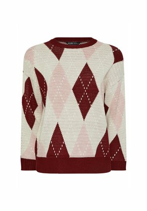Maglione a maglia con motivo a rombi in crema, bordeaux e rosa. Collo rotondo e polsini a costine. Leggero con una finitura testurizzata.