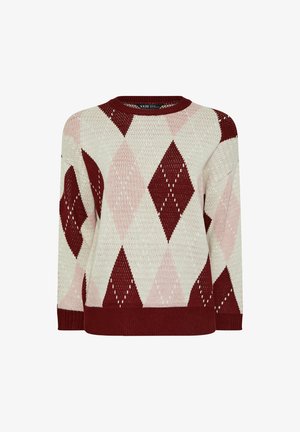 Sweter dziany z wzorem w romby w kolorach kremowym, bordowym i różowym. Okrągły dekolt i ściągacze przy mankietach. Lekki z teksturowanym wykończeniem.
