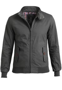 Szara lekka kurtka, z zamkiem z przodu, zapinanym kołnierzem, dwiema bocznymi kieszeniami oraz kontrastowym, kratkowanym podszewką.