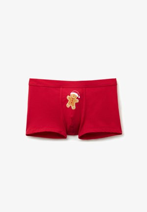 Rote Baumwoll-Boxershorts mit einem in Gold bedruckten Lebkuchenmann, der einen festlichen Hut trägt. Das Design umfasst kontrastierende Nähte und einen figurbetonten Schnitt.