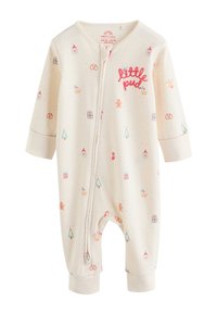 Body pour bébé de couleur crème avec une fermeture éclair à l'avant, présentant des motifs imprimés colorés de cadeaux, d'arbres et de pain d'épice. Orné du texte « little pud ».