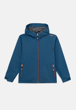 Kék kapucnis dzseki narancssárga cipzárhúzókkal az elején és a zsebeknél, CMP logó a mellkason, valamint állítható csuklópántokkal.