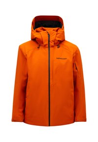 Orange vandtæt jakke med hætte, sorte lynlåse og en let glans. Har en lynlåslomme på brystet og justerbare manchetter.