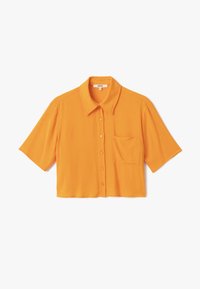 Korte mouwen, cropped shirt in levendig oranje, met een knoopsluiting aan de voorkant, kraag en een enkele borstzak. Gestructureerde stof.