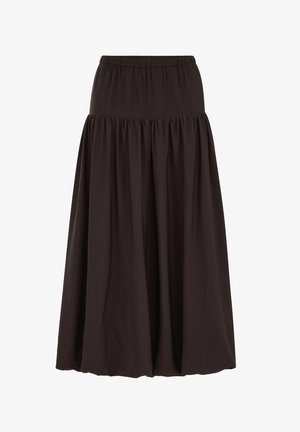 Lang brun nederdel lavet af blødt stof, med elastik i taljen og en indsamlet design, der flyder til kanten med en glat tekstur.