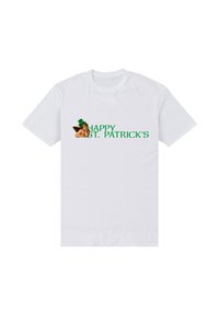 Biała bawełniana koszulka z napisem "HAPPY ST. PATRICK'S" w zielonym kolorze oraz wzorem przedstawiającym małą postać w zielonym kapeluszu.