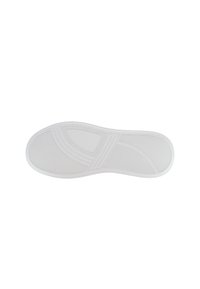 Suela de zapato blanca con una superficie texturizada que presenta varios patrones, incluyendo líneas horizontales y agarres circulares, para mejorar la tracción.