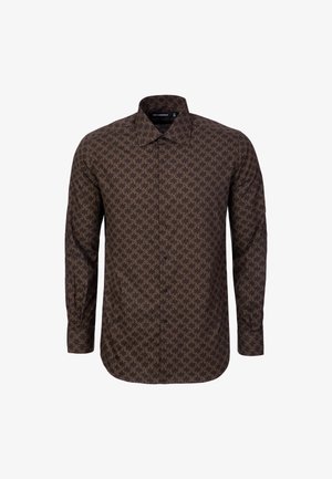 Dunkelbraunes, langärmliges Hemd mit Knopfleiste, hellbraunem geometrischem Muster und klassischem Kragen, dargestellt vor weißem Hintergrund.