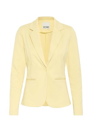 Lichtgele, op maat gemaakte damesblazer met een enkele knoopsluiting, invalsels met inkeping en twee voorzakken met paspel.