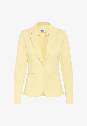 Hele kollane naiste kohandatud bleiser ühe nööbi kinnitusega, sälguga kraega ja kahe eesmise lahtise taskuga.