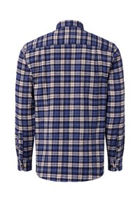 Flanellen overhemd met een blauw en crèmekleurig geruit patroon, lange mouwen, een knoopmanchet en een klassiek kraagontwerp.