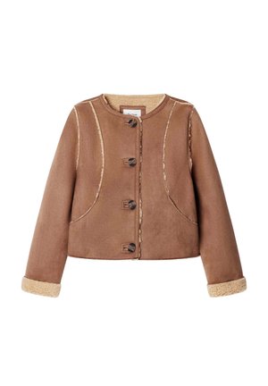 Brown cropped shearling jacket with round neckline, four button closures, visible stitching, and cream fleece lining on cuffs and inside.