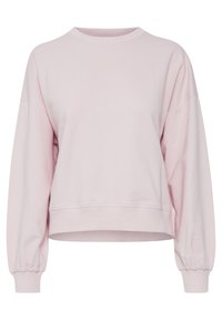 Felpa rosa chiaro realizzata in tessuto morbido, presenta un collo rotondo, spalle scese e polsini elasticizzati con orlo cropped.