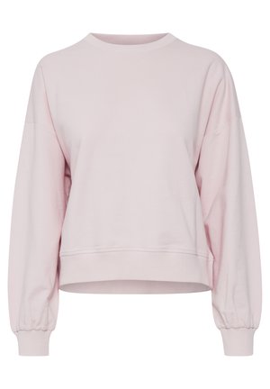 Light pink sweatshirt made of soft fabric, features a round neckline, drop shoulders, and elasticized cuffs with a cropped hem.