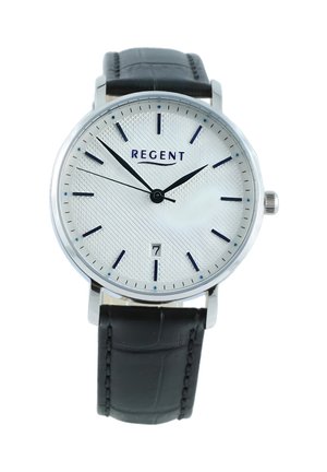 Round silver wristwatch with white textured dial, black hour markers, date window at 6 o'clock, black leather strap, showing 1:53:47 time.