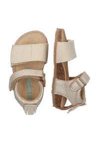 Lichtbeige sandalen met glanzende gouden accenten, verstelbare riemen, kurken zolen en gestructureerde rubberen zolen. Twee aparte riemen zorgen voor een veilige pasvorm.
